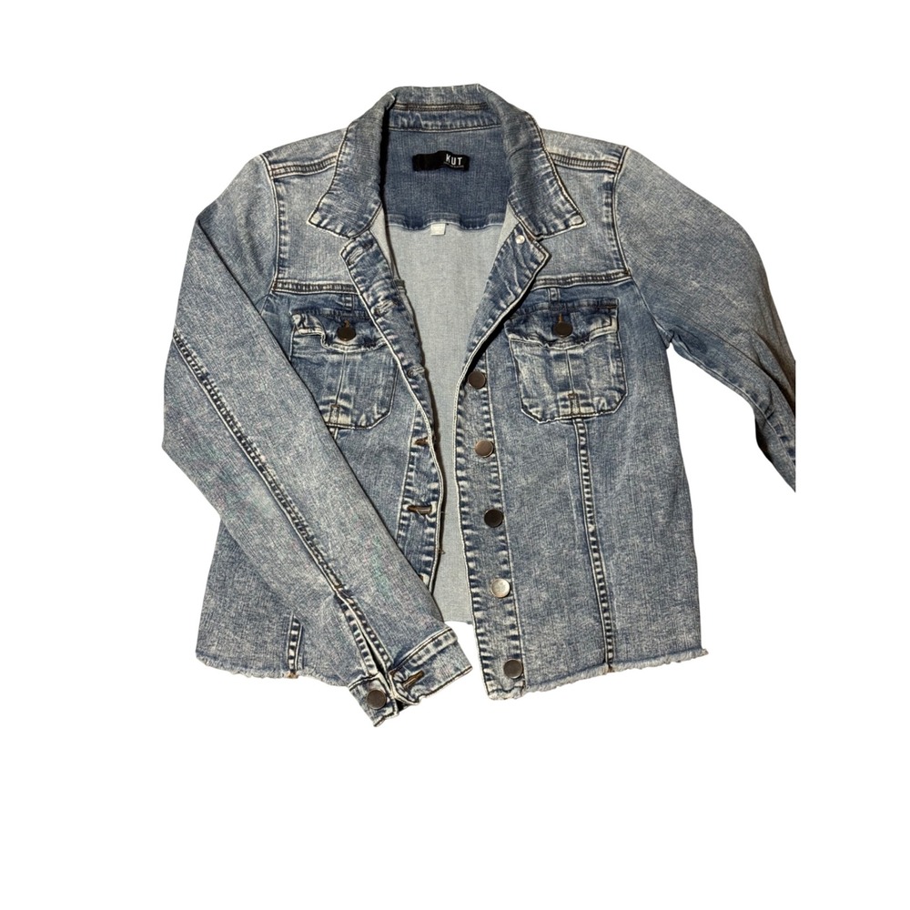 NWOT KUT from the Kloth Womens Acid Wash Denim Jacket Blue Raw Hem Size M